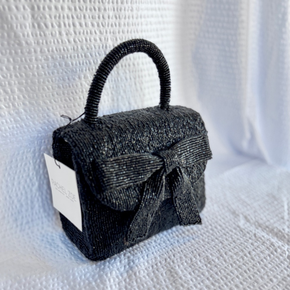Black Beaded Mini Bow Top Handle Bag | Chain Strap | Evening Clutch | Rachel Zoe - Picture 4 of 9